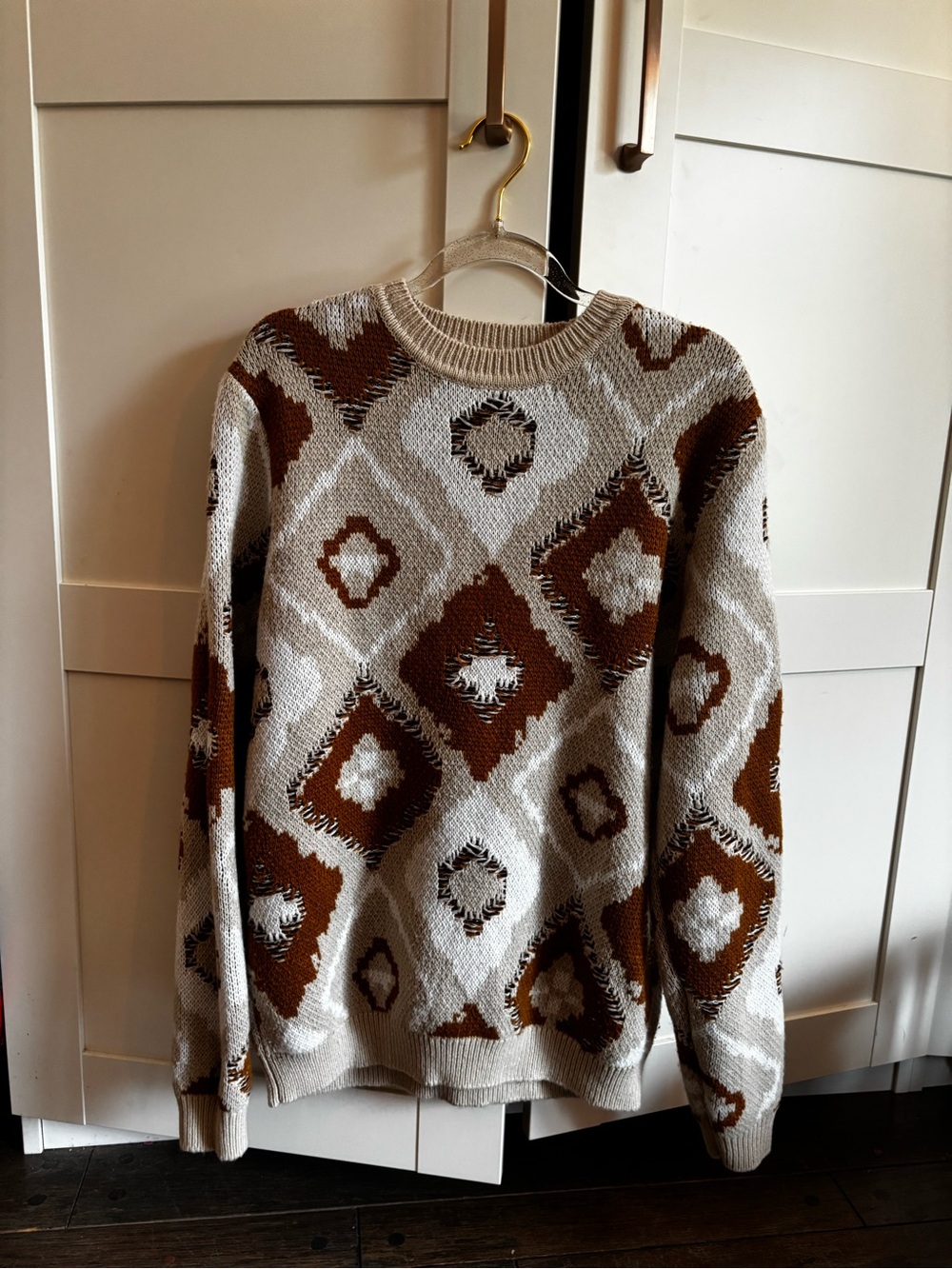 Asos Cream and Brown Patterned Crewneck Sweater size small fall cozy